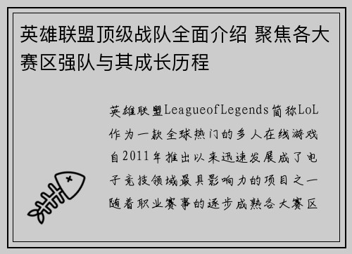 英雄联盟顶级战队全面介绍 聚焦各大赛区强队与其成长历程