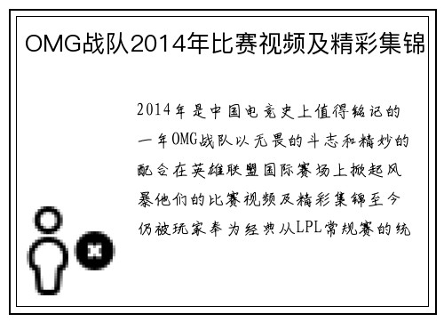 OMG战队2014年比赛视频及精彩集锦