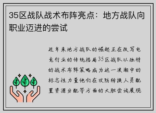 35区战队战术布阵亮点：地方战队向职业迈进的尝试