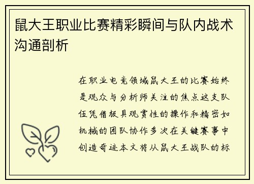 鼠大王职业比赛精彩瞬间与队内战术沟通剖析